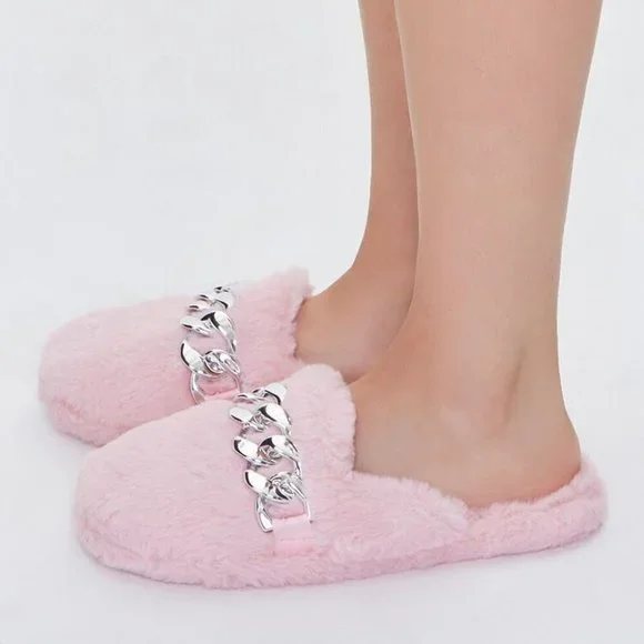PINK NWT Faux Fur Curb Chain Slippers - Forever 21 - Size Small 4-6 Womens Teens - Picture 4 of 4